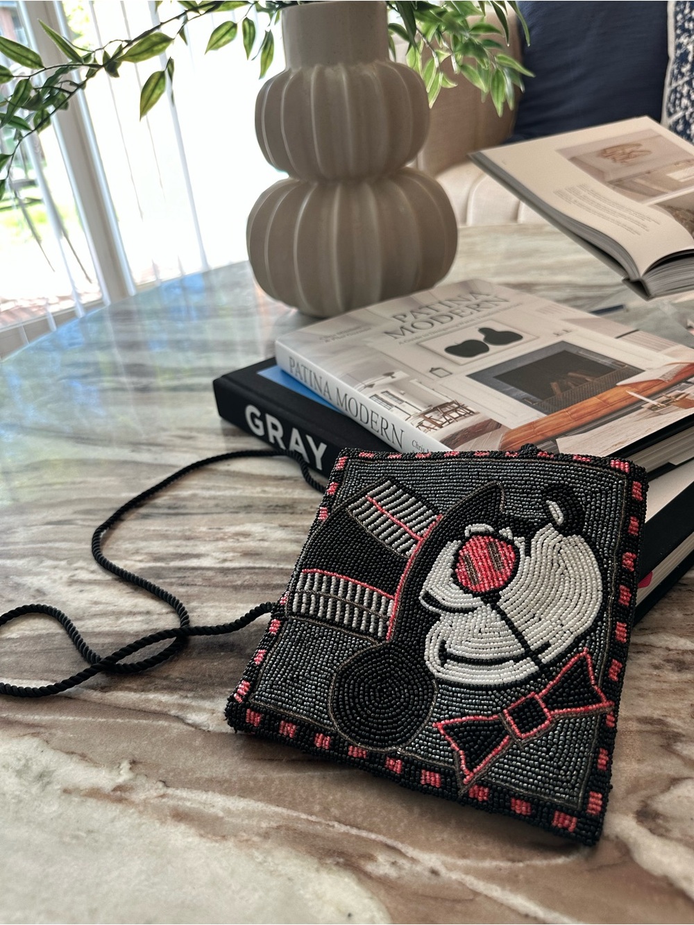 Mickey and Co Black and White Beaded Crossbody Bag with Red Accents